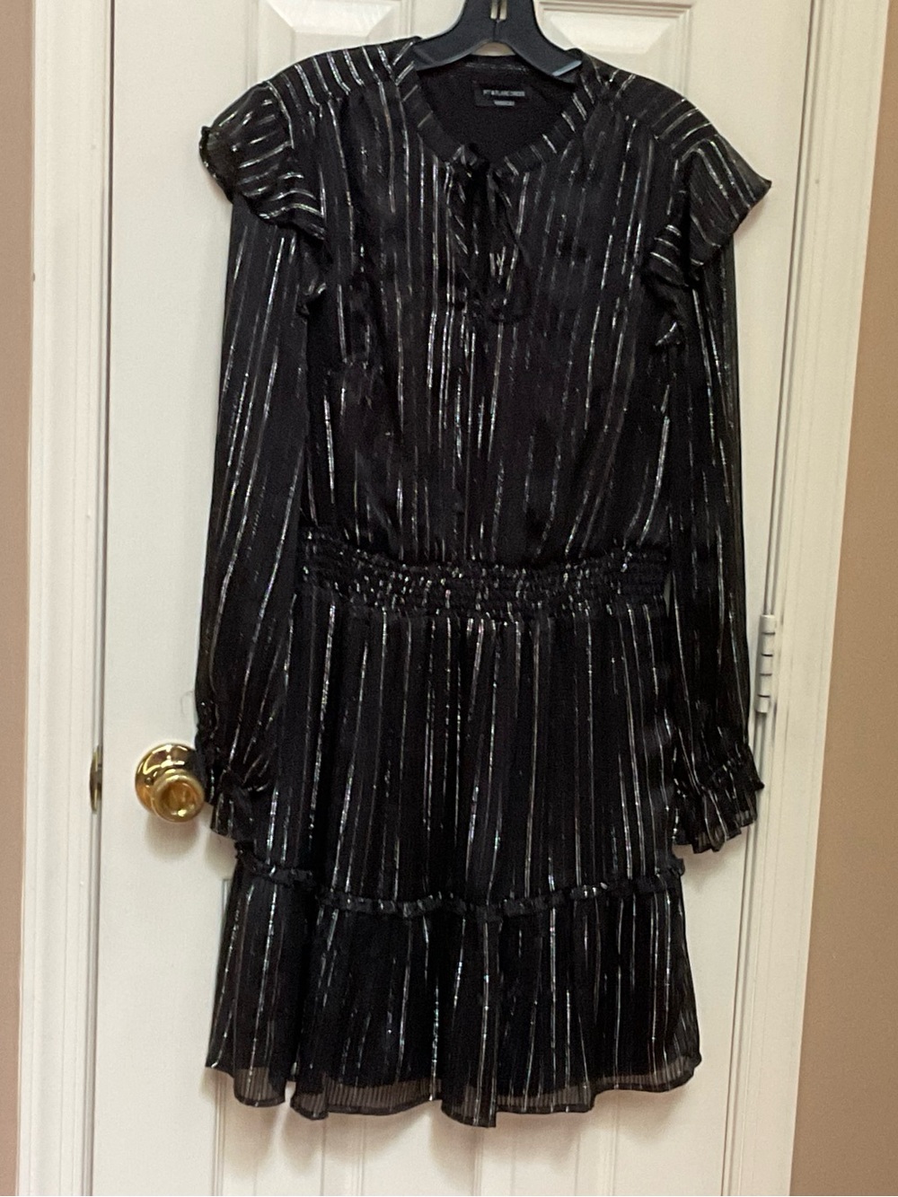 Women Black Metallic Stripe Ruffle Dress NWOT
